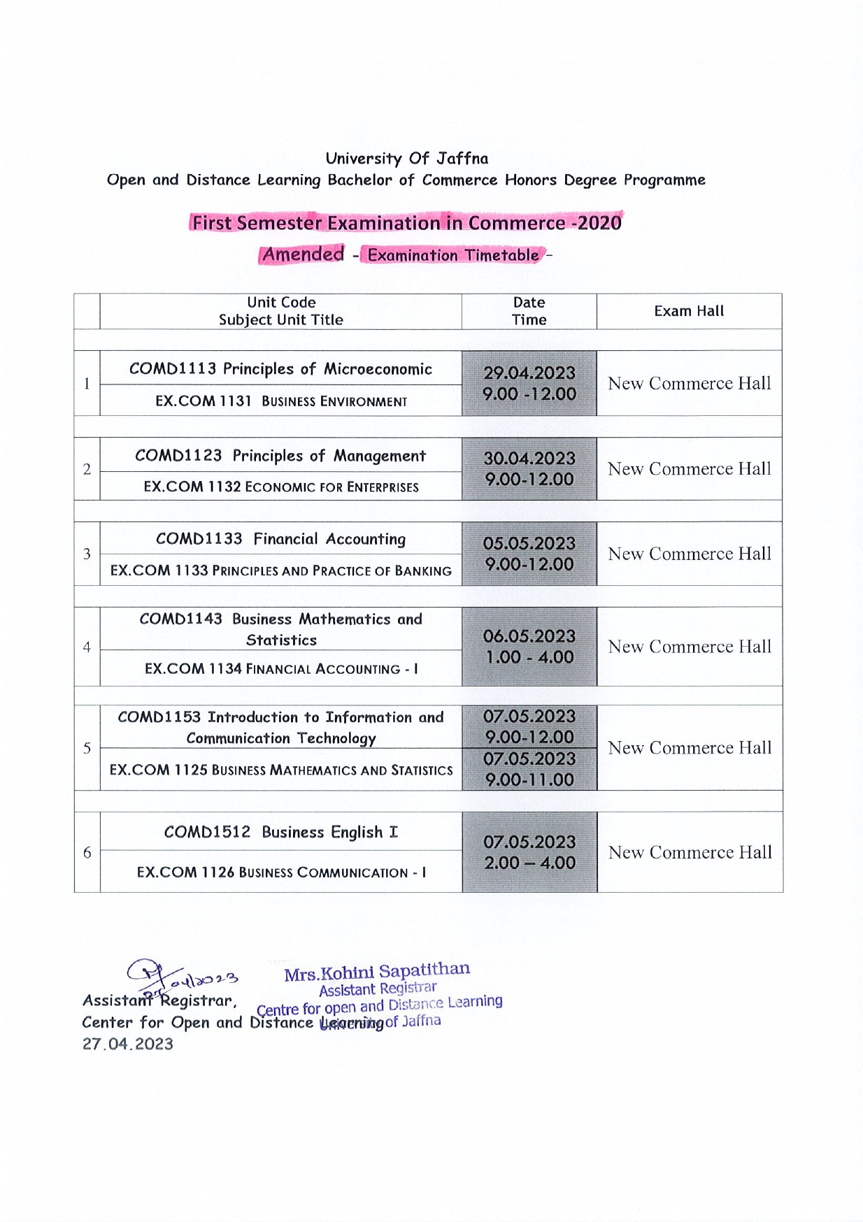 BCom Amended Time Table First Semester – Center For Open And Distance ...